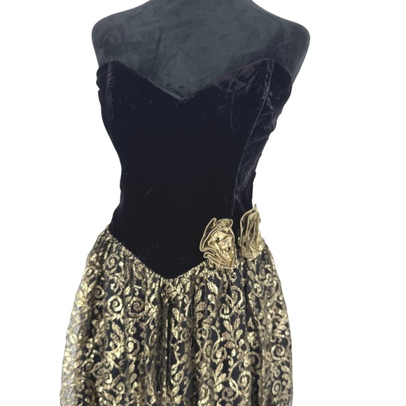 Vintage Gunne Sax Jessica McClintock Black Velvet Gold Lace Strapless Dress 80s - Picture 1 of 7